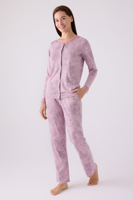 Pierre Cardin Kadın Pamuklu Düğmeli Yaka Pigment Baskılı Kışlık Regular Fit Mor Pijama Takımı PC8874-S-V1