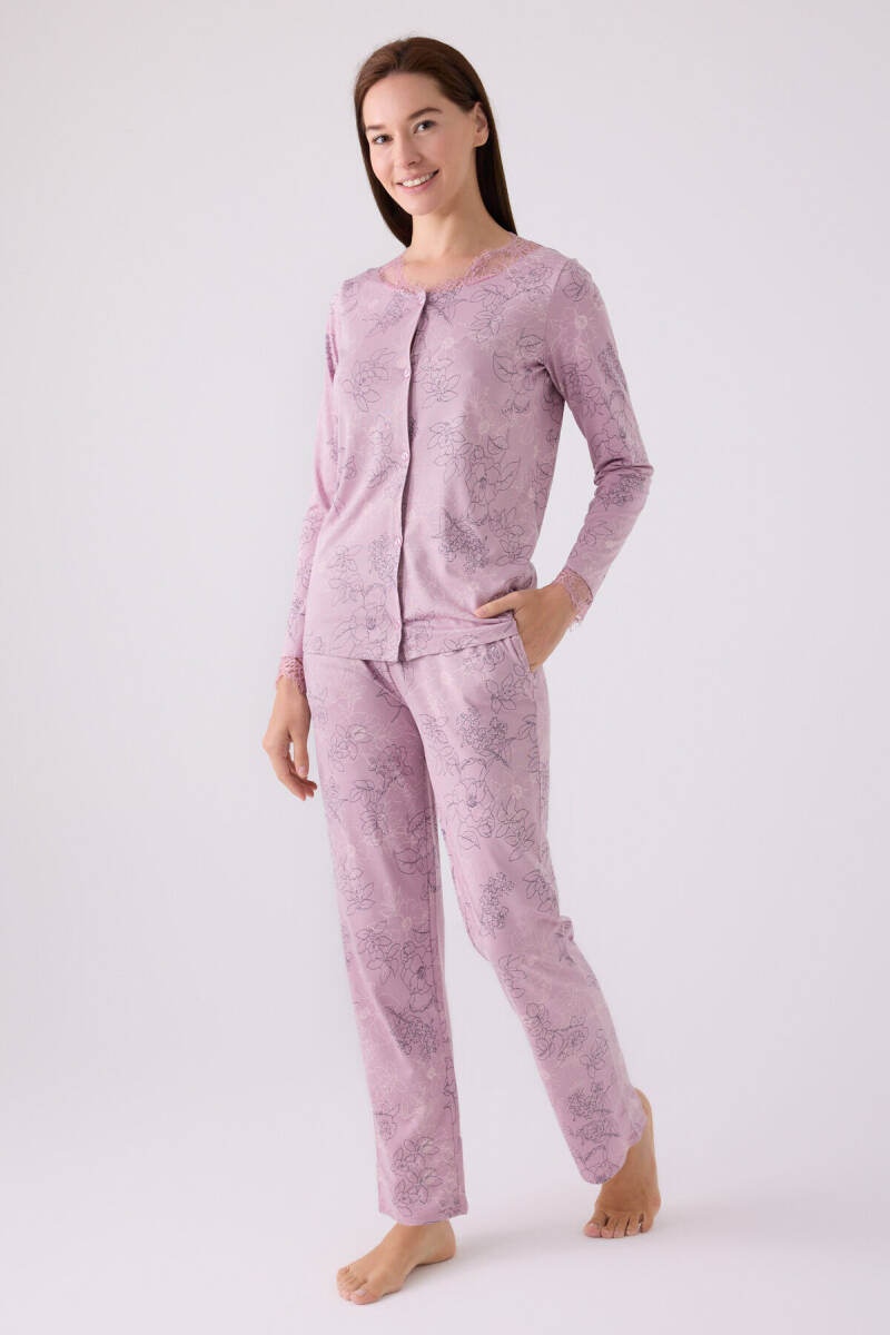 Pierre Cardin Kadın Pamuklu Düğmeli Yaka Pigment Baskılı Kışlık Regular Fit Mor Pijama Takımı PC8874-S-V1 - 1