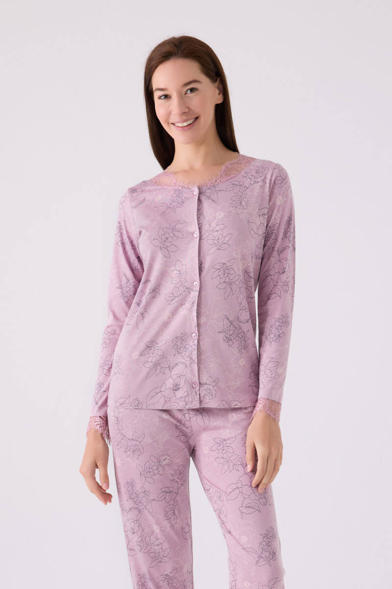Pierre Cardin Kadın Pamuklu Düğmeli Yaka Pigment Baskılı Kışlık Regular Fit Mor Pijama Takımı PC8874-S-V1 - 2
