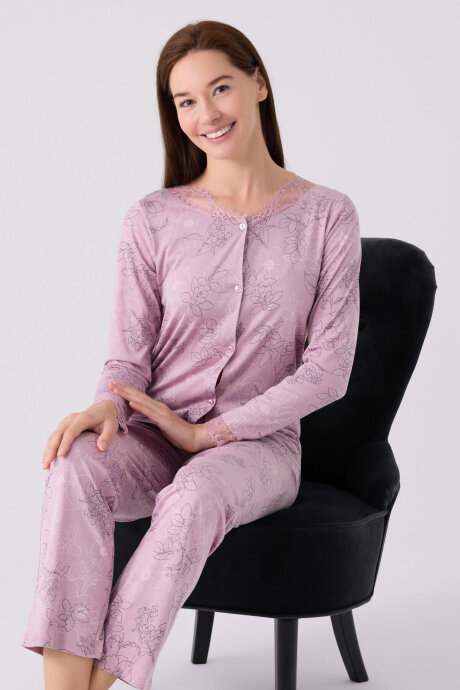 Pierre Cardin Kadın Pamuklu Düğmeli Yaka Pigment Baskılı Kışlık Regular Fit Mor Pijama Takımı PC8874-S-V1 - 3