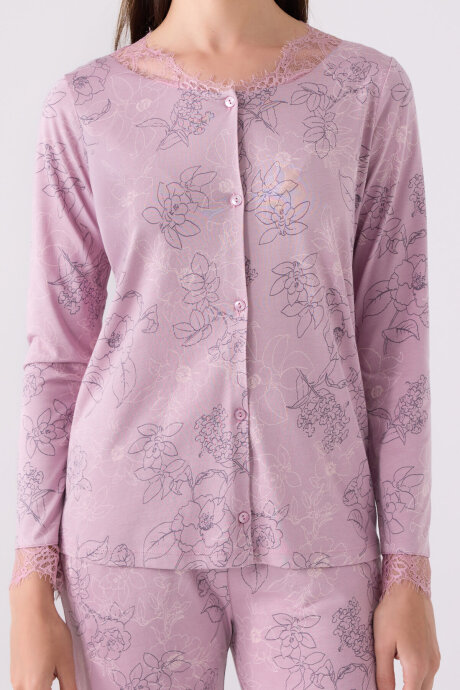 Pierre Cardin Kadın Pamuklu Düğmeli Yaka Pigment Baskılı Kışlık Regular Fit Mor Pijama Takımı PC8874-S-V1 - 4