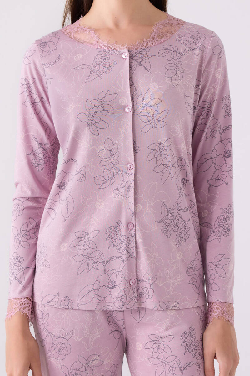 Pierre Cardin Kadın Pamuklu Düğmeli Yaka Pigment Baskılı Kışlık Regular Fit Mor Pijama Takımı PC8874-S-V1 - 4