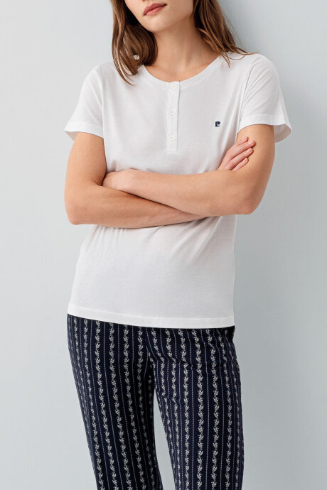 Pierre Cardin Kadın Pamuklu Hakim Yaka Nakışlı Yazlık Regular Fit Beyaz Pijama Takımı PC9208-S-V1 - 3