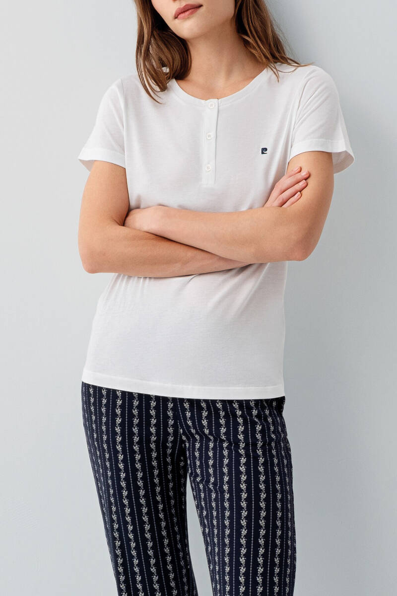 Pierre Cardin Kadın Pamuklu Hakim Yaka Nakışlı Yazlık Regular Fit Beyaz Pijama Takımı PC9208-S-V1 - 3