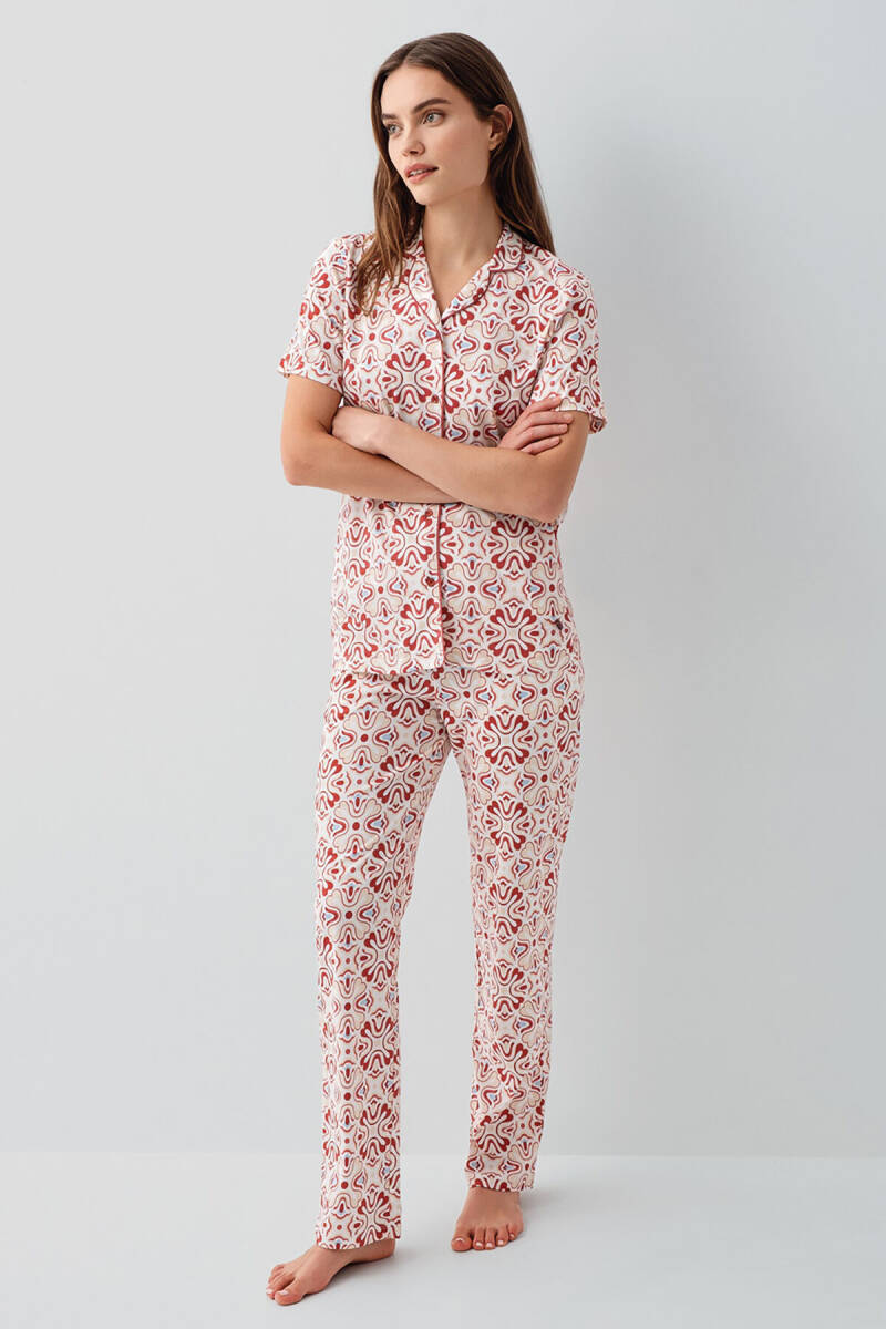 Pierre Cardin Kadın Pamuklu Gömlek Yaka Nakışlı Yazlık Regular Fit Bordo Pijama Takımı PC9198-S-V1 - 2