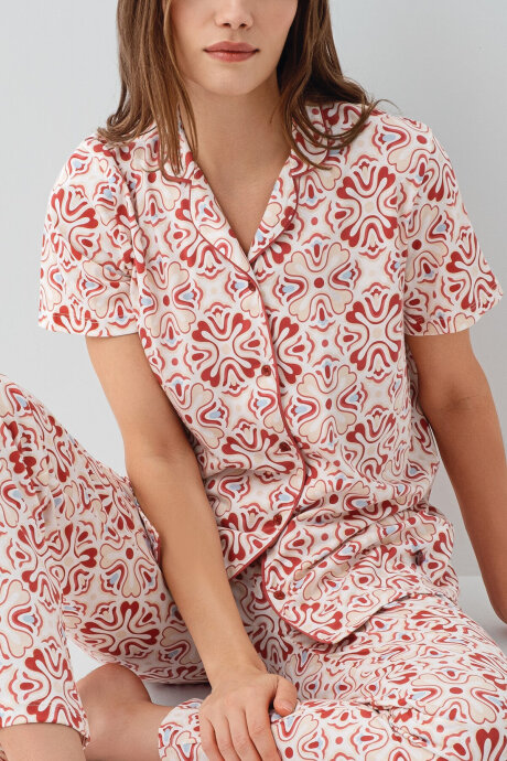 Pierre Cardin Kadın Pamuklu Gömlek Yaka Nakışlı Yazlık Regular Fit Bordo Pijama Takımı PC9198-S-V1 - 3