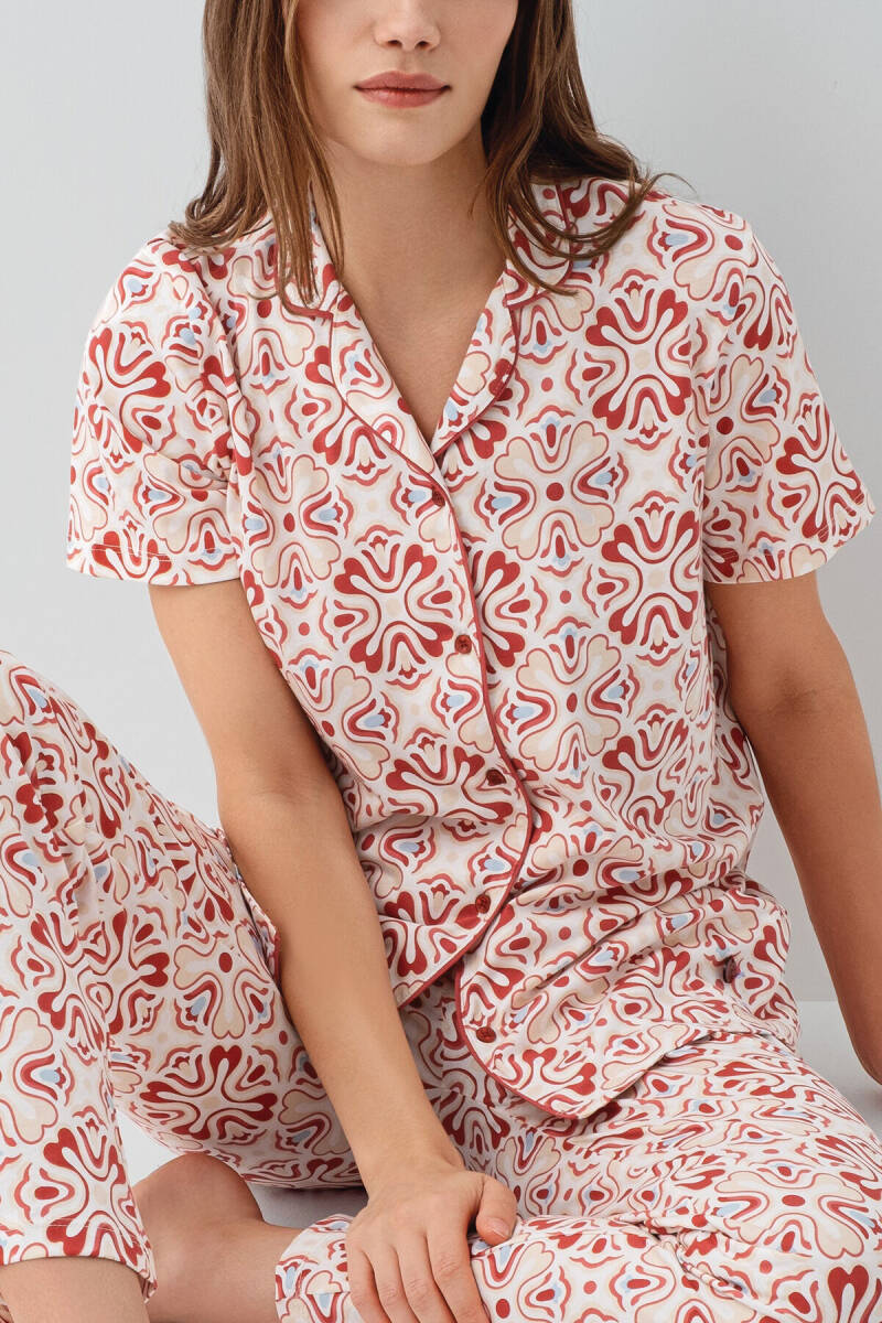 Pierre Cardin Kadın Pamuklu Gömlek Yaka Nakışlı Yazlık Regular Fit Bordo Pijama Takımı PC9198-S-V1 - 3