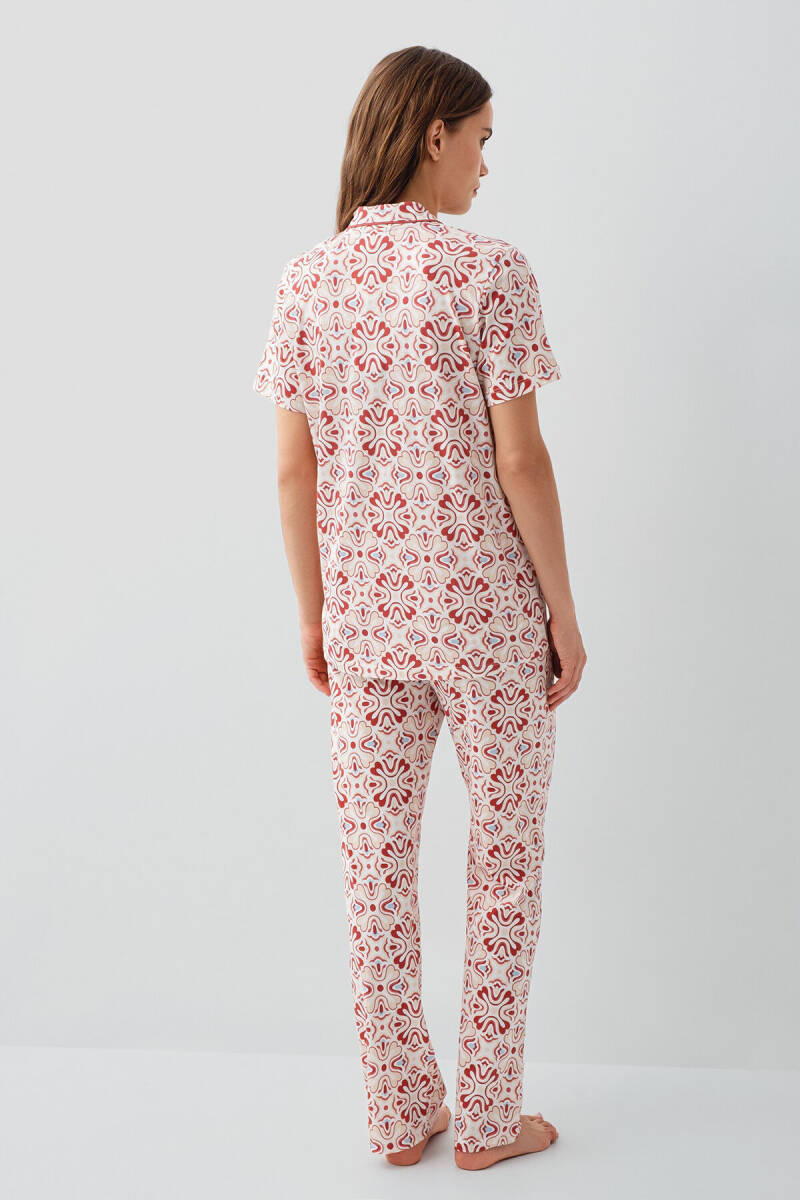 Pierre Cardin Kadın Pamuklu Gömlek Yaka Nakışlı Yazlık Regular Fit Bordo Pijama Takımı PC9198-S-V1 - 4