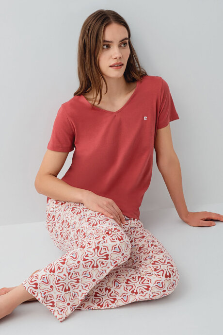 Pierre Cardin Kadın V Yaka Nakışlı Yazlık Regular Fit Bordo Pijama Takımı PC9195-S-V1