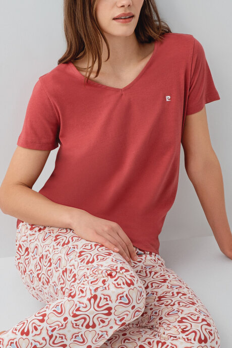 Pierre Cardin Kadın Pamuklu V Yaka Nakışlı Yazlık Regular Fit Bordo Pijama Takımı PC9195-S-V1 - 3