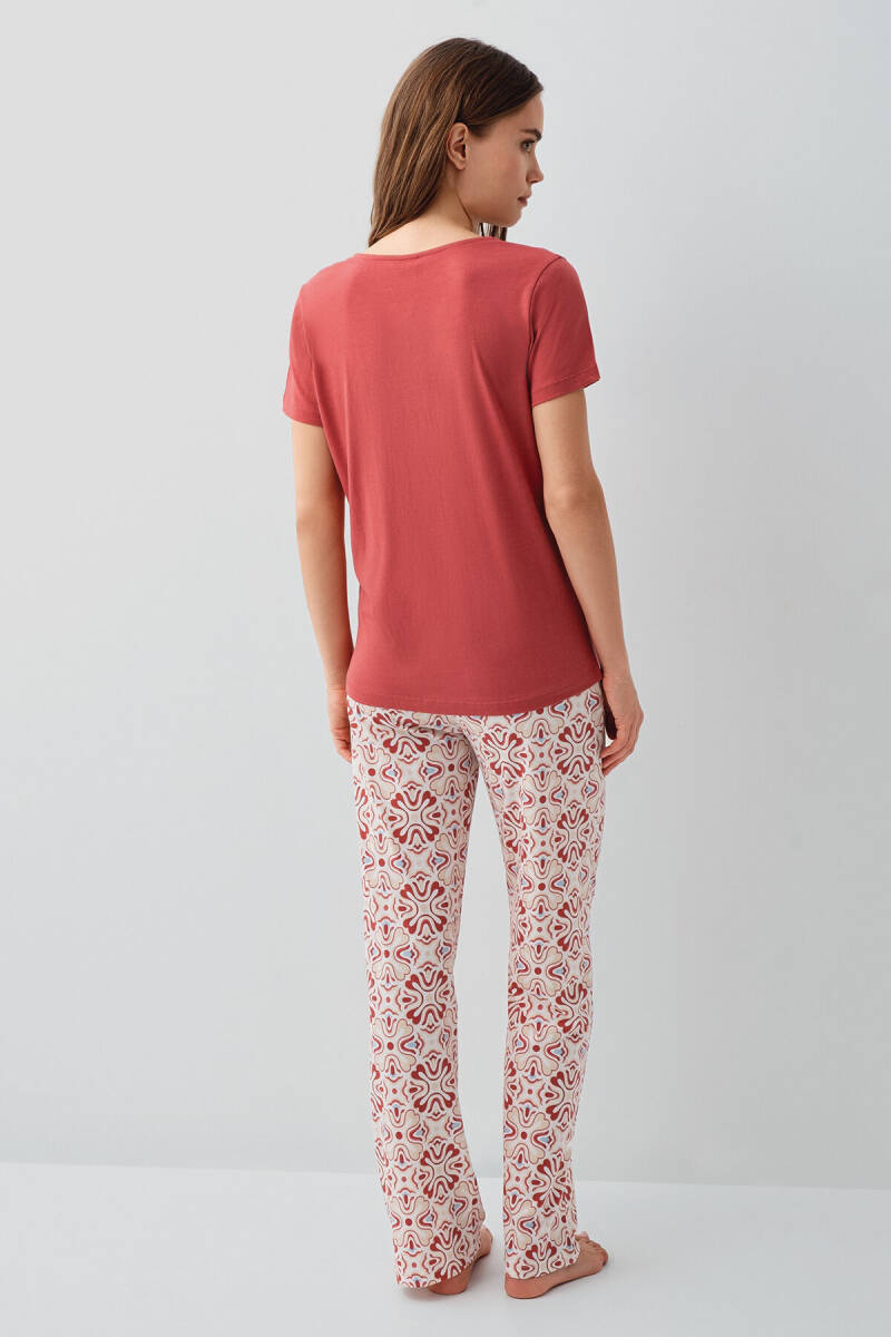 Pierre Cardin Kadın Pamuklu V Yaka Nakışlı Yazlık Regular Fit Bordo Pijama Takımı PC9195-S-V1 - 4