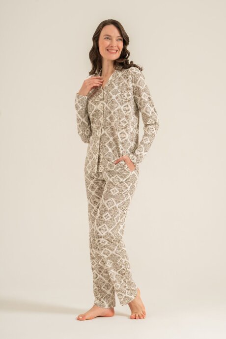 Pierre Cardin Kadın Pamuklu Desenli Krem Gömlek Pijama Takımı PC9276-S-V1