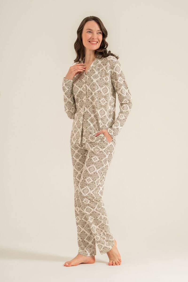 Pierre Cardin Kadın Pamuklu Desenli Krem Gömlek Pijama Takımı PC9276-S-V1 - 1
