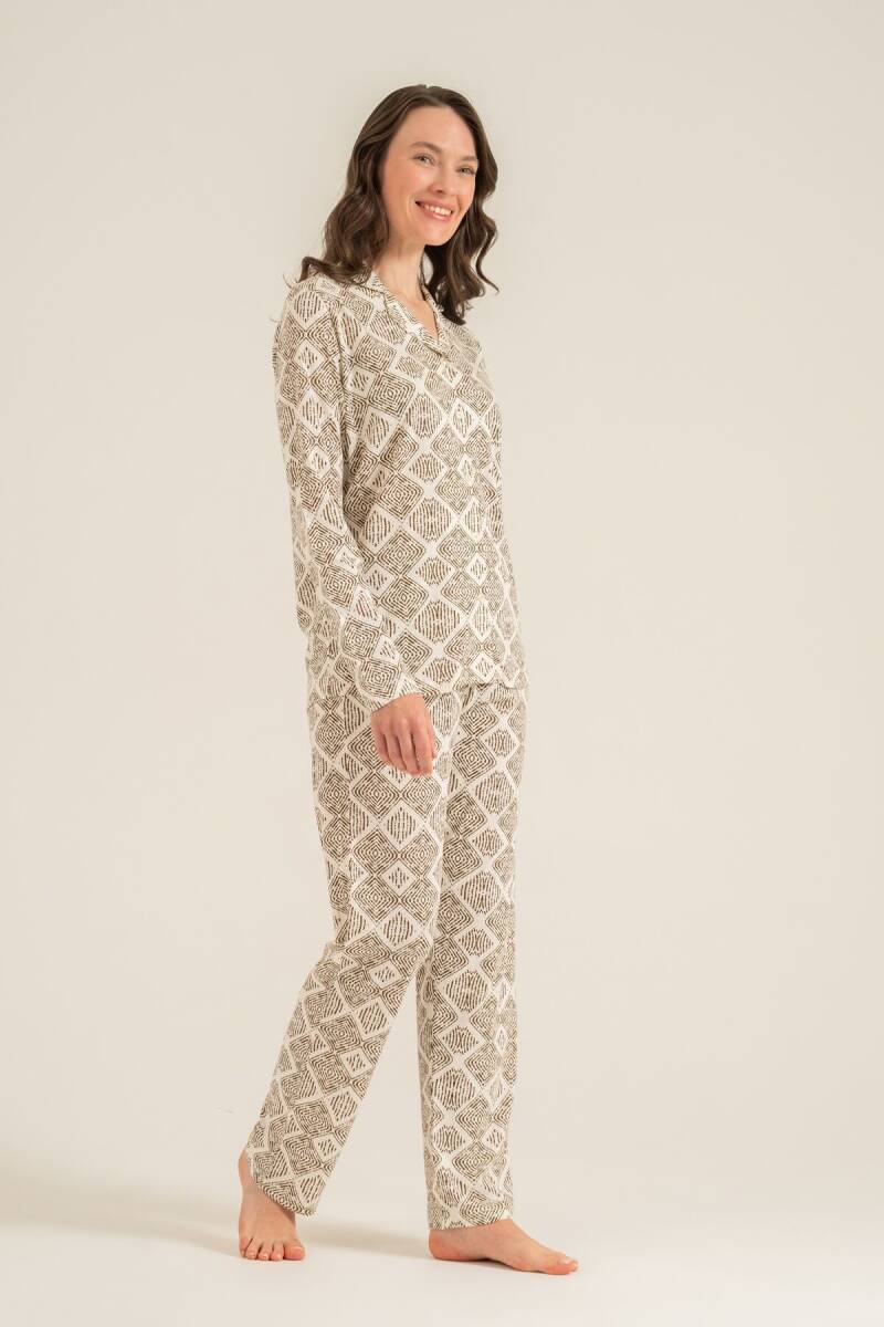 Pierre Cardin Kadın Pamuklu Desenli Krem Gömlek Pijama Takımı PC9276-S-V1 - 5