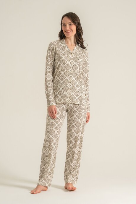 Pierre Cardin Kadın Pamuklu Desenli Krem Gömlek Pijama Takımı PC9276-S-V1 - 7