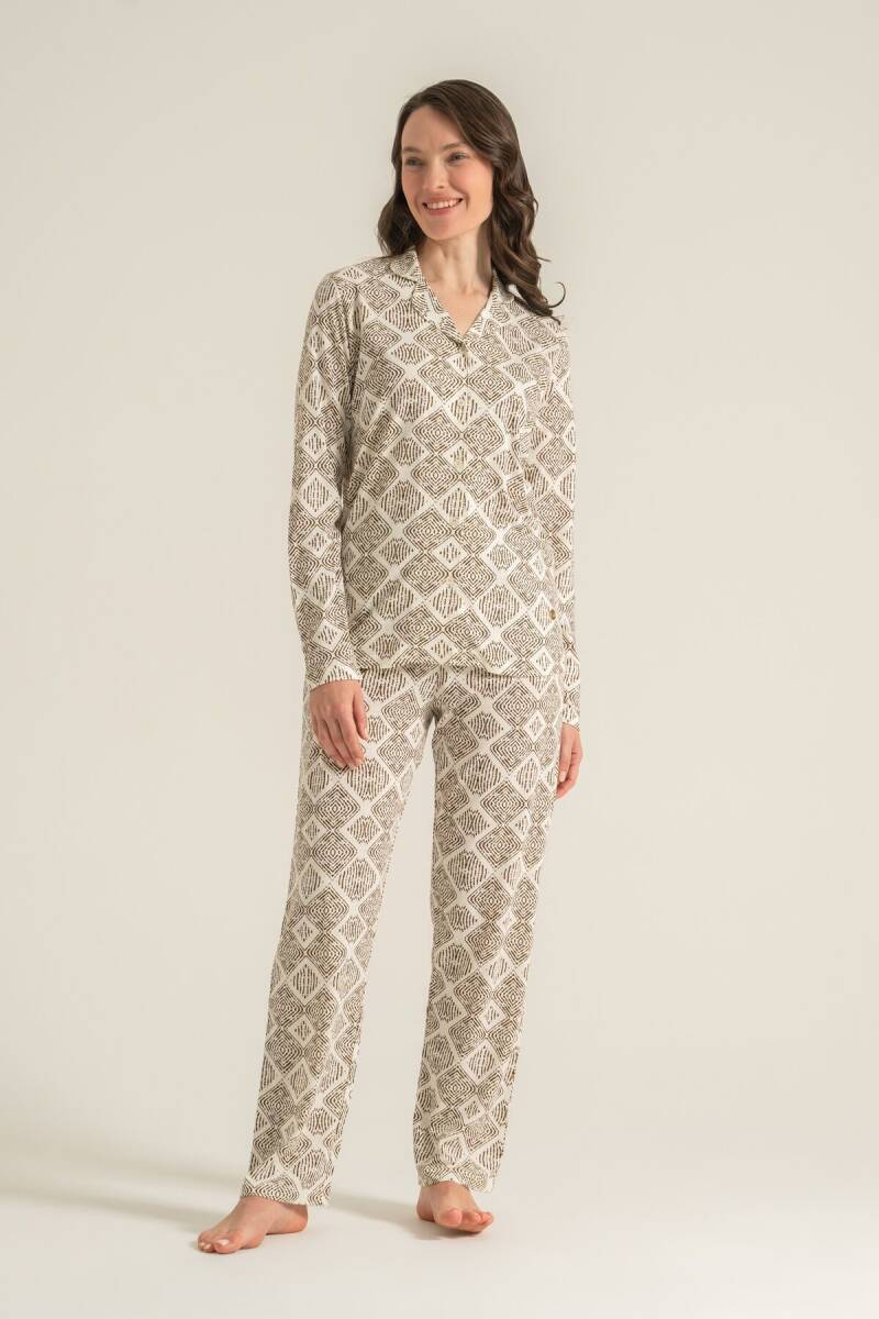 Pierre Cardin Kadın Pamuklu Desenli Krem Gömlek Pijama Takımı PC9276-S-V1 - 7