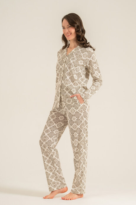 Pierre Cardin Kadın Pamuklu Desenli Krem Gömlek Pijama Takımı PC9276-S-V1 - 6