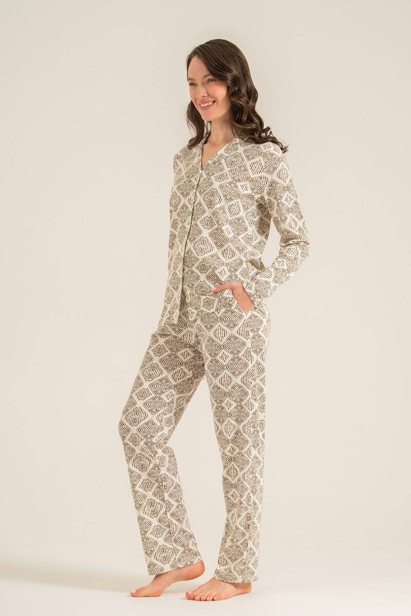 Pierre Cardin Kadın Pamuklu Desenli Krem Gömlek Pijama Takımı PC9276-S-V1 - 6