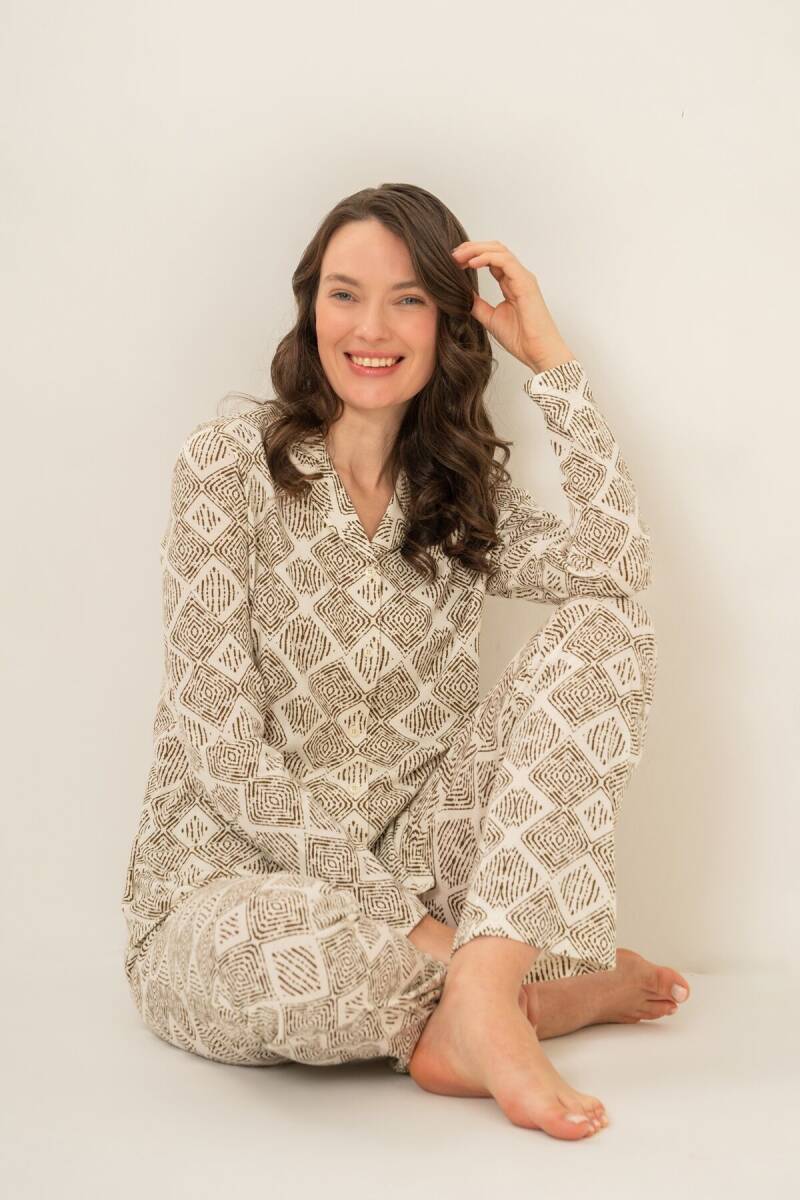 Pierre Cardin Kadın Pamuklu Desenli Krem Gömlek Pijama Takımı PC9276-S-V1 - 2