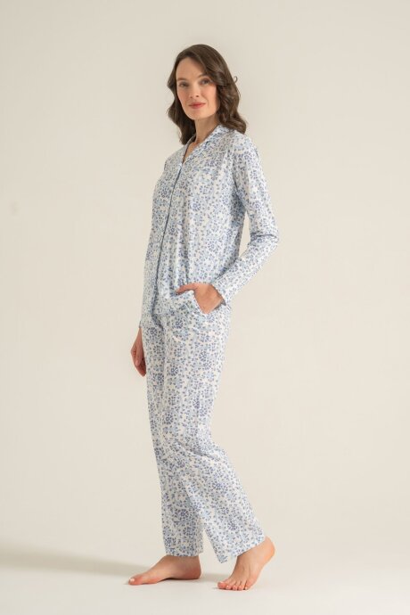 Pierre Cardin Kadın Pamuklu Flowers Mavi Gömlek Pijama Takımı PC9271-S-V1 - 3