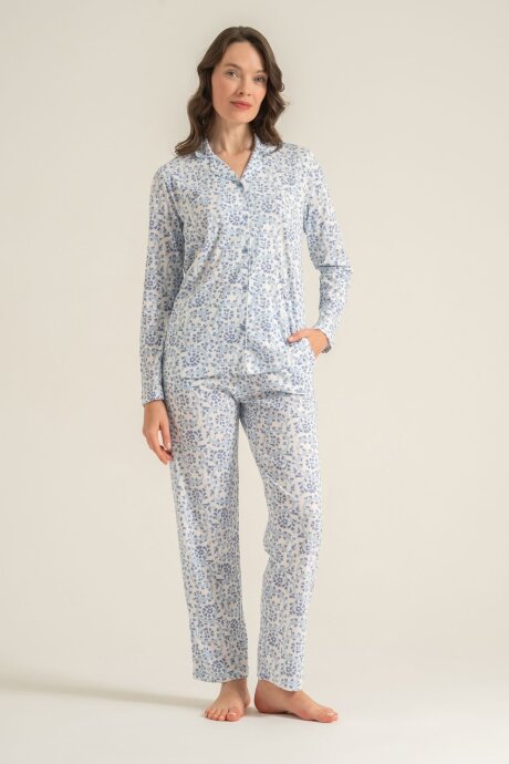 Pierre Cardin Kadın Pamuklu Flowers Mavi Gömlek Pijama Takımı PC9271-S-V1