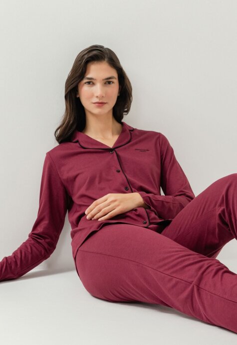 Pierre Cardin Kadın Pamuklu Örme Gömlek Bordo Pijama PC7717-S-V-4 - 4