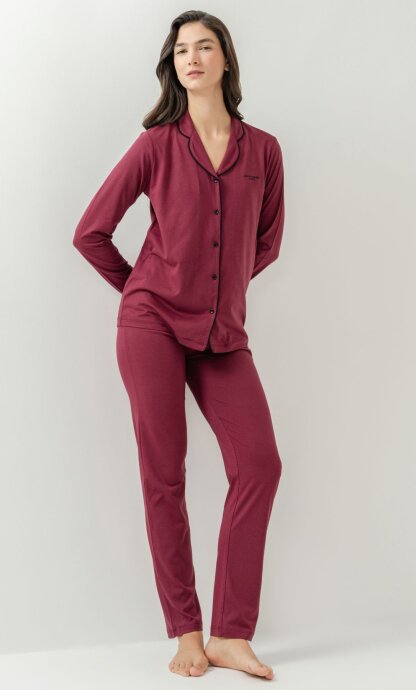Pierre Cardin Kadın Pamuklu Örme Gömlek Bordo Pijama PC7717-S-V-4 