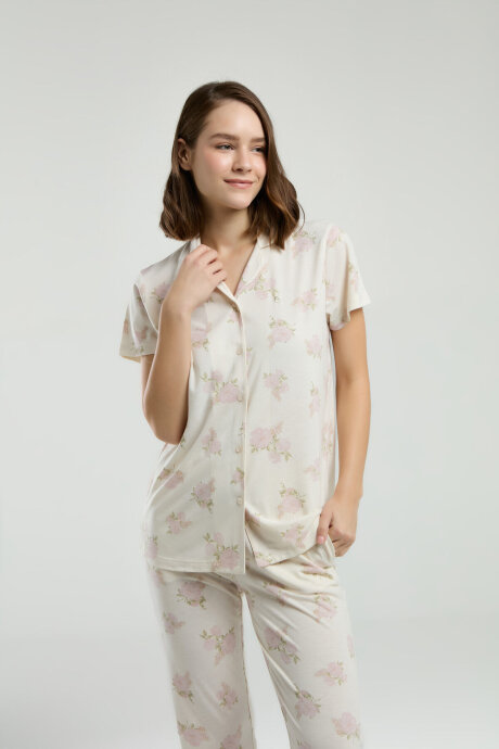 Pierre Cardin Kadın Gömlek Yaka Pigment Baskılı Yazlık Regular Fit Beyaz Gömlek Pijama Takım PC9007-S-V1