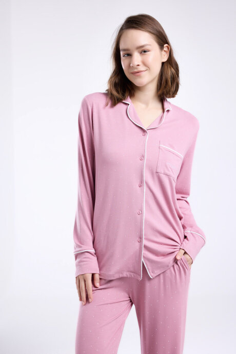 Pierre Cardin Kadın Gömlek Yaka Pigment Baskılı Yazlık Regular Fit Pembe Gömlek Pijama Takım PC8986-S-V2 