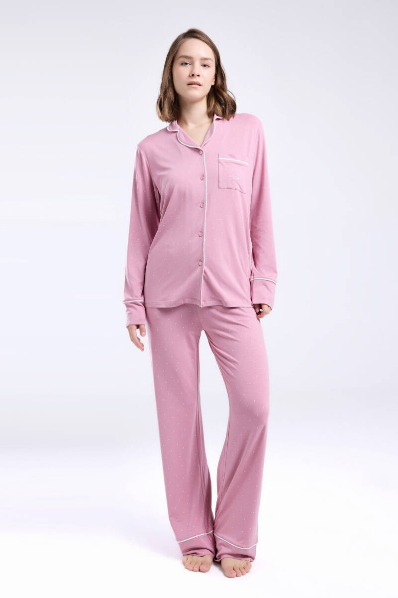 Pierre Cardin Kadın Pamuklu Gömlek Yaka Pigment Baskılı Yazlık Regular Fit Pembe Gömlek Pijama Takım PC8986-S-V2 - 2