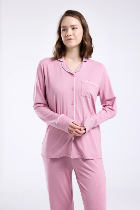 Pierre Cardin Kadın Pamuklu Gömlek Yaka Pigment Baskılı Yazlık Regular Fit Pembe Gömlek Pijama Takım PC8986-S-V2 - 3