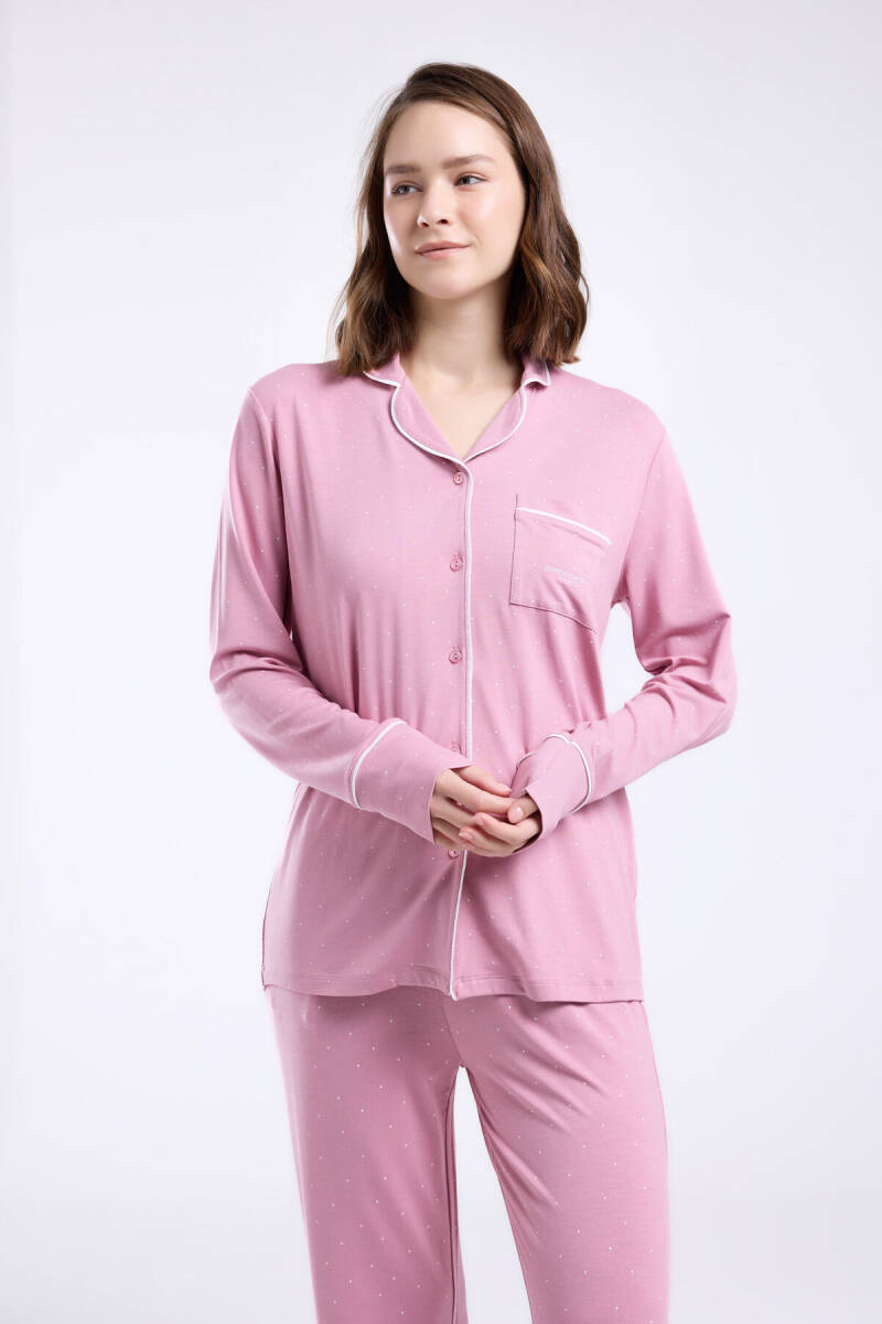 Pierre Cardin Kadın Pamuklu Gömlek Yaka Pigment Baskılı Yazlık Regular Fit Pembe Gömlek Pijama Takım PC8986-S-V2 - 3