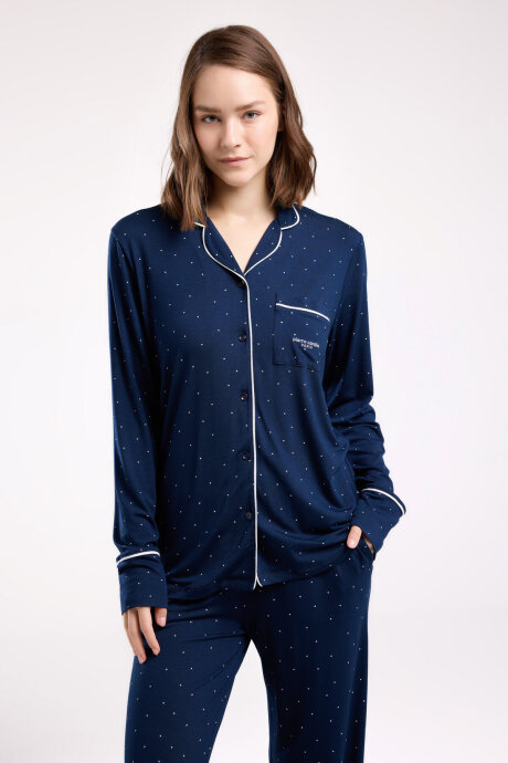 Pierre Cardin Kadın Gömlek Yaka Pigment Baskılı Yazlık Regular Fit Lacivert Gömlek Pijama Takım PC8986-S-V3 