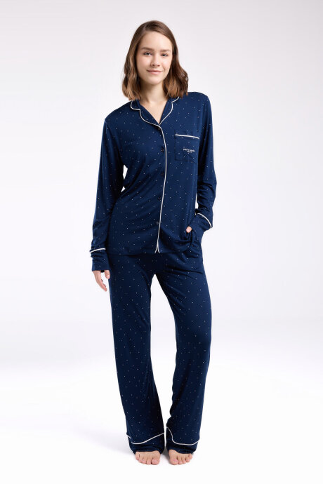 Pierre Cardin Kadın Pamuklu Gömlek Yaka Pigment Baskılı Yazlık Regular Fit Lacivert Gömlek Pijama Takım PC8986-S-V3 - 2