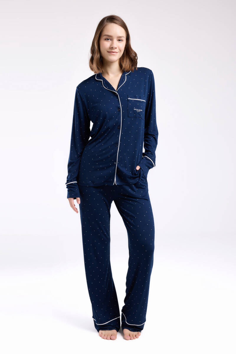 Pierre Cardin Kadın Pamuklu Gömlek Yaka Pigment Baskılı Yazlık Regular Fit Lacivert Gömlek Pijama Takım PC8986-S-V3 - 2