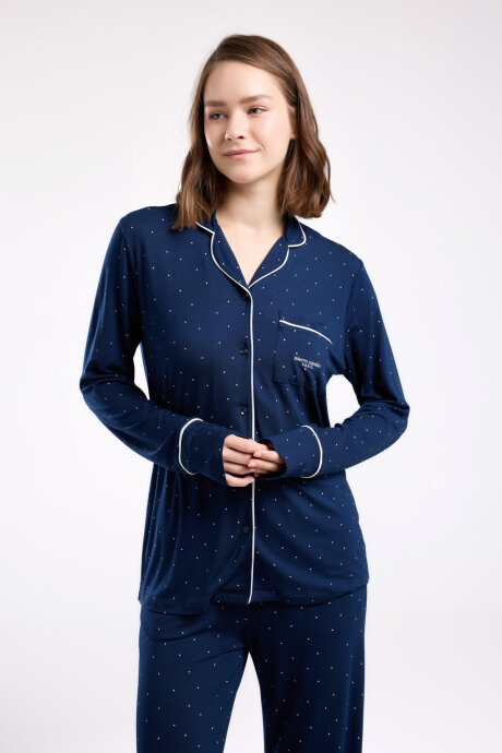 Pierre Cardin Kadın Pamuklu Gömlek Yaka Pigment Baskılı Yazlık Regular Fit Lacivert Gömlek Pijama Takım PC8986-S-V3 - 3