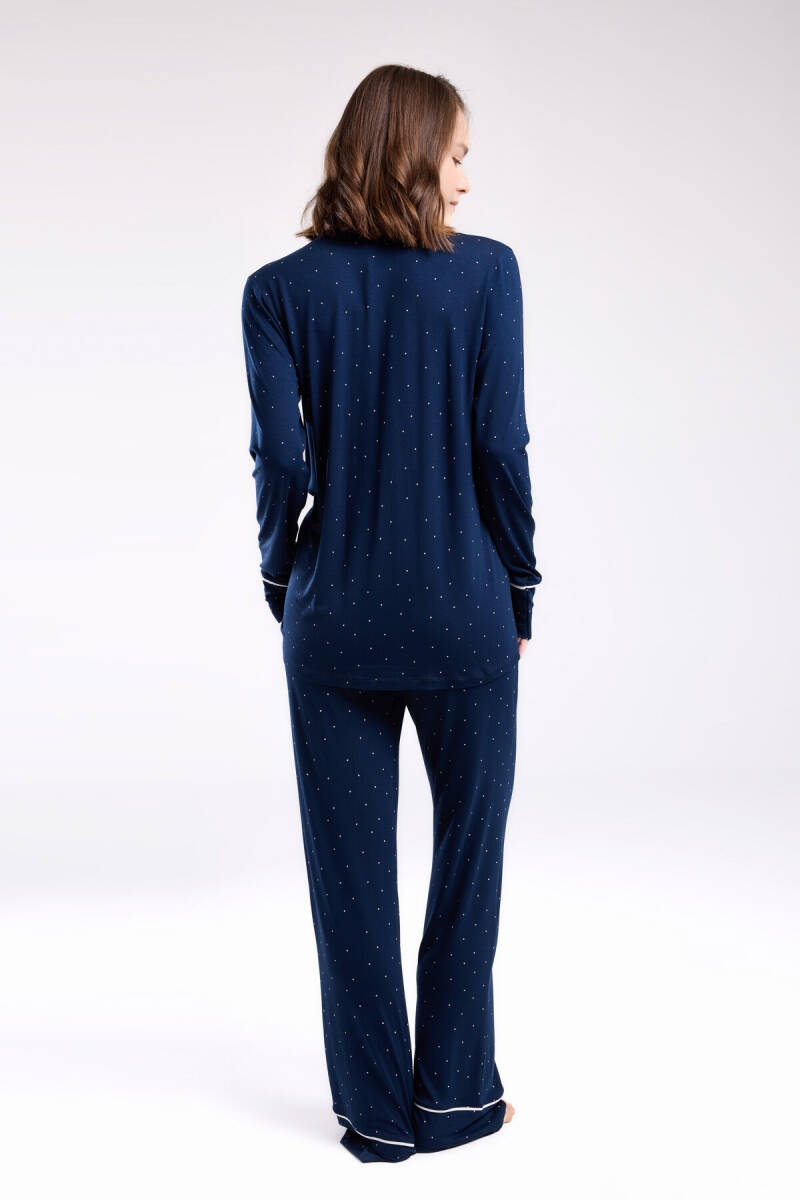 Pierre Cardin Kadın Pamuklu Gömlek Yaka Pigment Baskılı Yazlık Regular Fit Lacivert Gömlek Pijama Takım PC8986-S-V3 - 4
