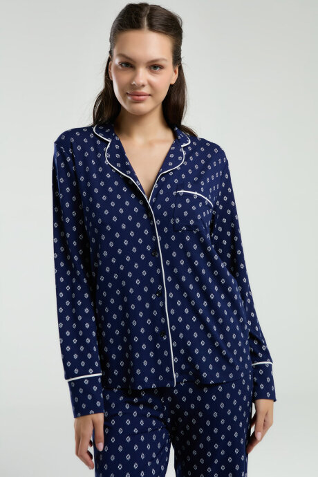 Pierre Cardin Kadın Pamuklu Gömlek Yaka Pigment Baskılı Yazlık Regular Fit Lacivert Gömlek Pijama Takım PC8950-S-V1 - 1