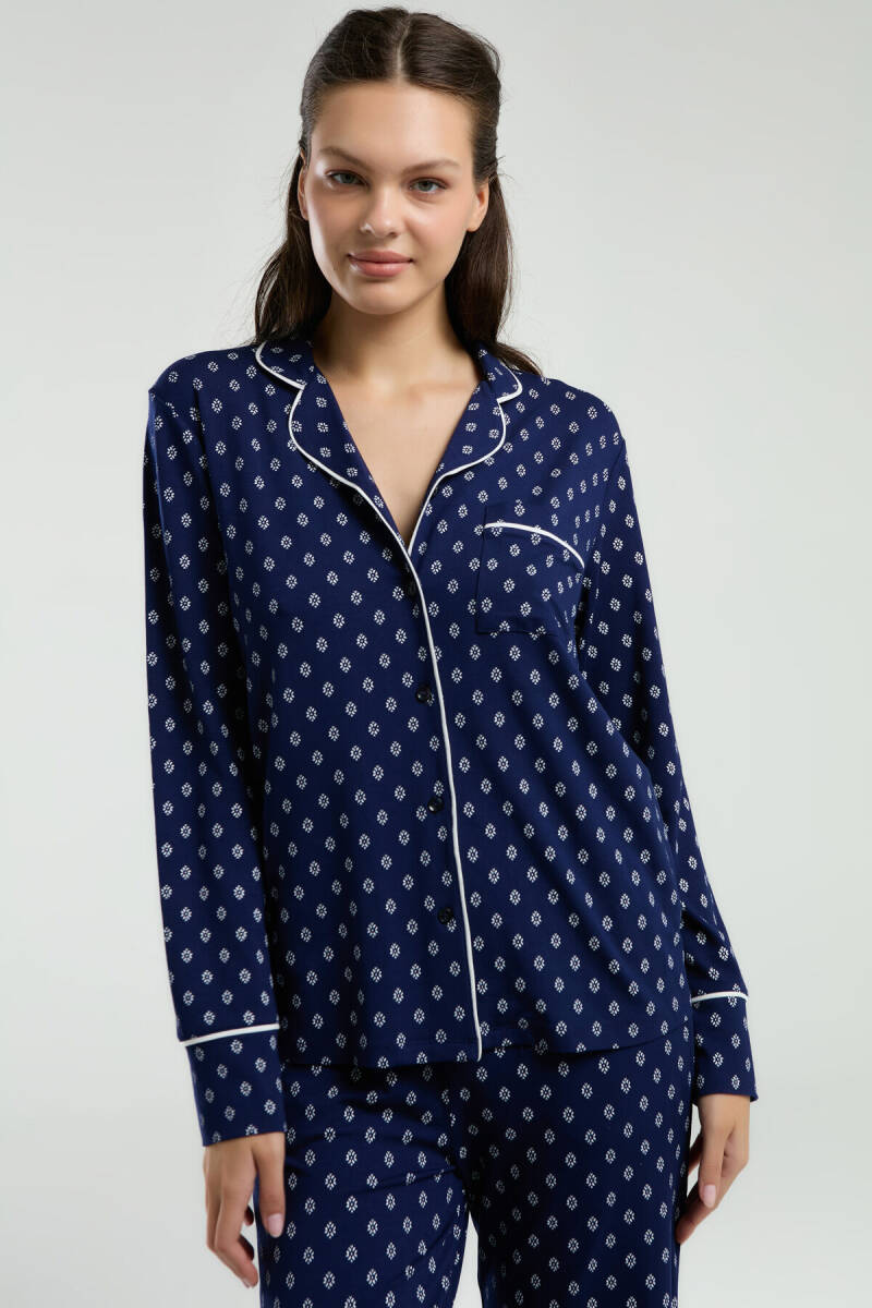 Pierre Cardin Kadın Pamuklu Gömlek Yaka Pigment Baskılı Yazlık Regular Fit Lacivert Gömlek Pijama Takım PC8950-S-V1 - 1