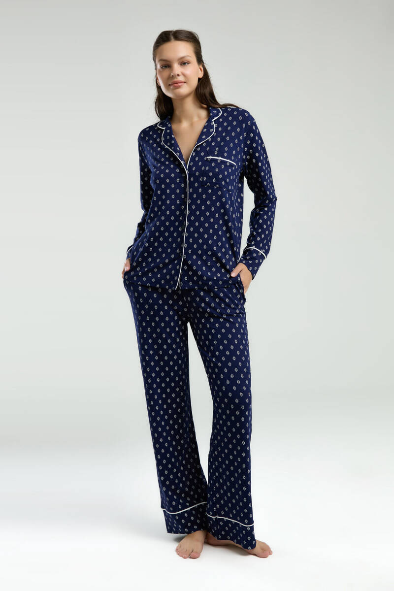 Pierre Cardin Kadın Pamuklu Gömlek Yaka Pigment Baskılı Yazlık Regular Fit Lacivert Gömlek Pijama Takım PC8950-S-V1 - 2