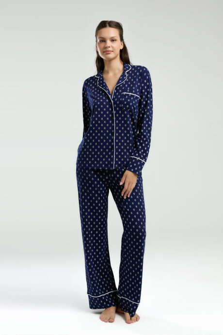 Pierre Cardin Kadın Pamuklu Gömlek Yaka Pigment Baskılı Yazlık Regular Fit Lacivert Gömlek Pijama Takım PC8950-S-V1 - 3