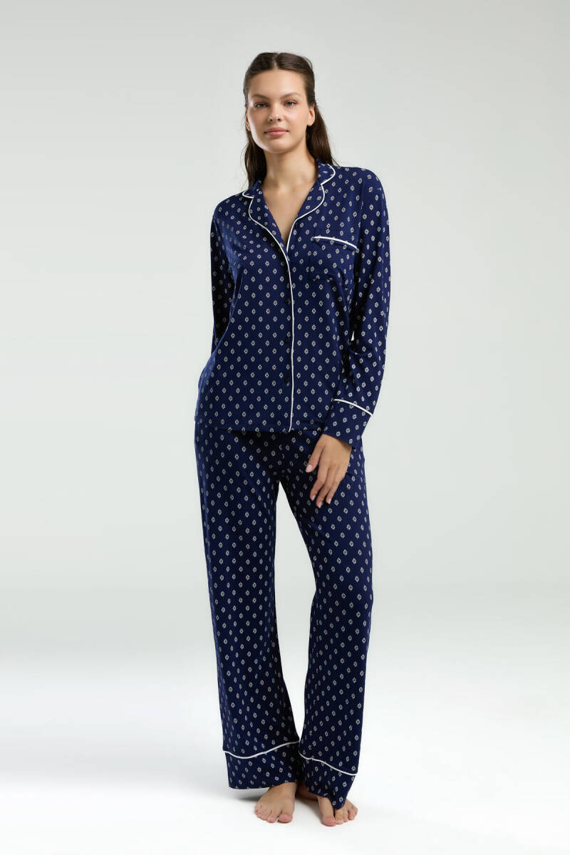 Pierre Cardin Kadın Pamuklu Gömlek Yaka Pigment Baskılı Yazlık Regular Fit Lacivert Gömlek Pijama Takım PC8950-S-V1 - 3