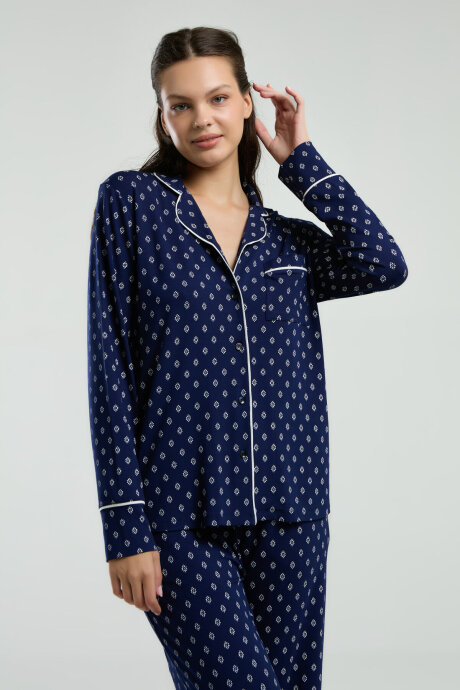 Pierre Cardin Kadın Pamuklu Gömlek Yaka Pigment Baskılı Yazlık Regular Fit Lacivert Gömlek Pijama Takım PC8950-S-V1 - 4