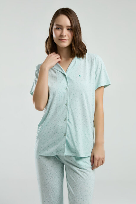 Pierre Cardin Kadın Gömlek Yaka Pigment Baskılı Yazlık Regular Fit Yeşil Gömlek Pijama Takım PC8990-S-V1