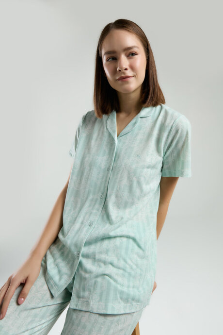 Pierre Cardin Kadın Gömlek Yaka Pigment Baskılı Yazlık Regular Fit Yeşil Gömlek Pijama Takım PC8965-S-V1