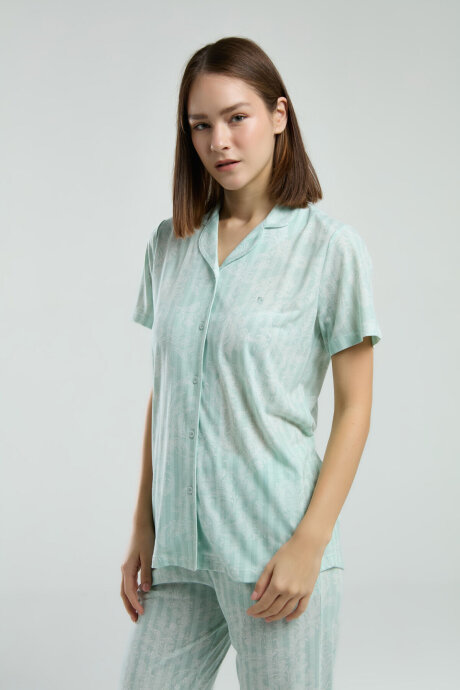 Pierre Cardin Kadın Pamuklu Gömlek Yaka Pigment Baskılı Yazlık Regular Fit Yeşil Gömlek Pijama Takım PC8965-S-V1 - 3