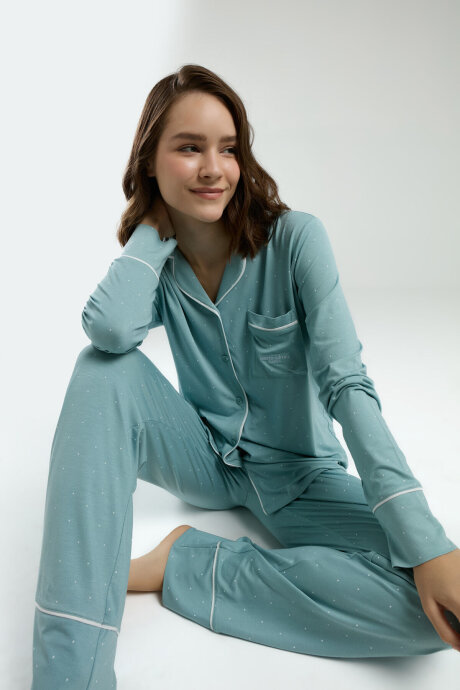 Pierre Cardin Kadın Gömlek Yaka Pigment Baskılı Yazlık Regular Fit Yeşil Gömlek Pijama Takım PC8986-S-V1 - 1