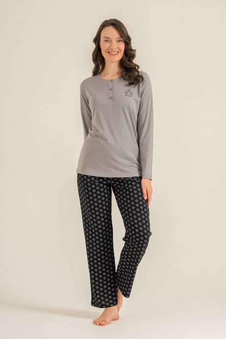 Pierre Cardin Kadın Pamuklu Gri Uzun Kol Pijama Takım PC9289-S-V2