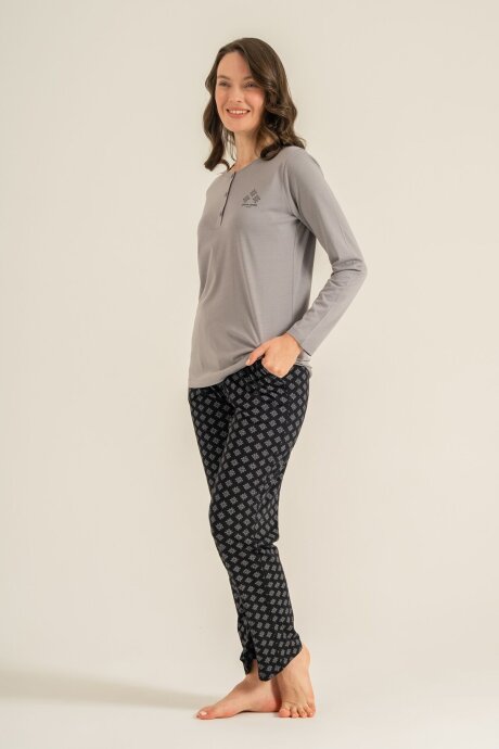 Pierre Cardin Kadın Pamuklu Gri Uzun Kol Pijama Takım PC9289-S-V2 - 3