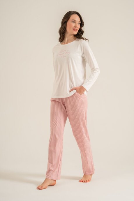 Pierre Cardin Kadın Pamuklu Have A Super Day Beyaz Uzun Kol Pijama Takım PC9294-S-V2 - 7